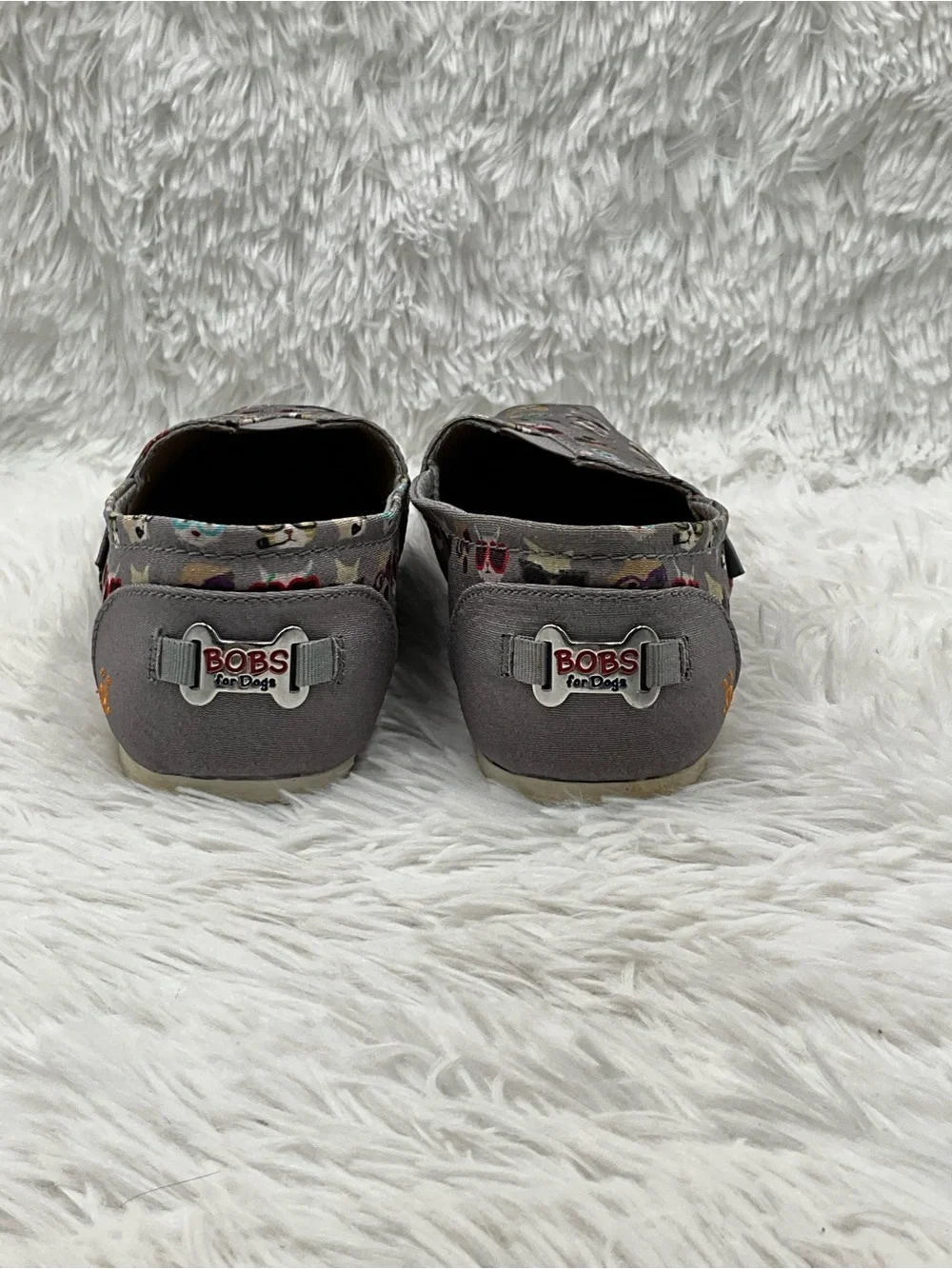 Sketchers BOBS Shoes Size 9.5 Gray Dog Print Memory Foam Slip On Shoes